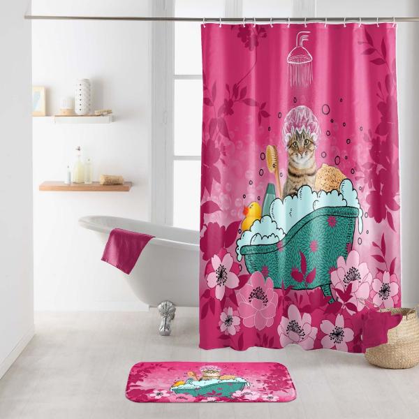PET, ΚΟΥΡΤΙΝΑ ΜΠΑΝΙΟΥ ΥΦΑΣΜΑΤΙΝΗ POLYESTER ΦΟΥΞΙΑ L180ΧH200cm