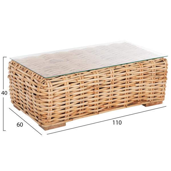 ΤΡΑΠΕΖΙ ΣΑΛΟΝΙΟΥ ΕΞ.ΧΩΡΟΥ TROPEL ΞΥΛΟ MANGO-ΦΥΣΙΚΟ RATTAN-ΓΥΑΛΙ ΑΣΦΑΛΕΙΑΣ 110x60x40Υεκ.